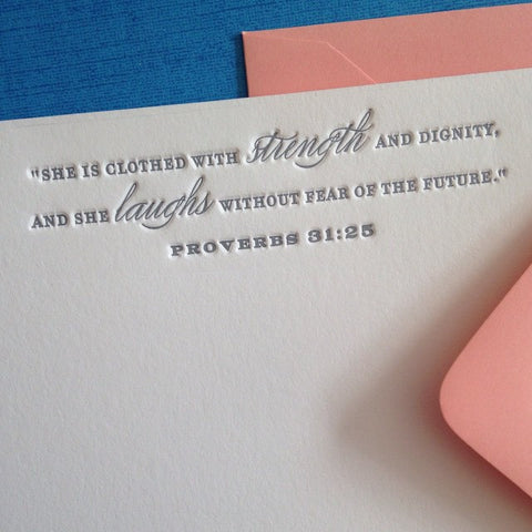 Set of 2 Notes - Letterpressed Proverbs 31:25- She is clothed in strength . .